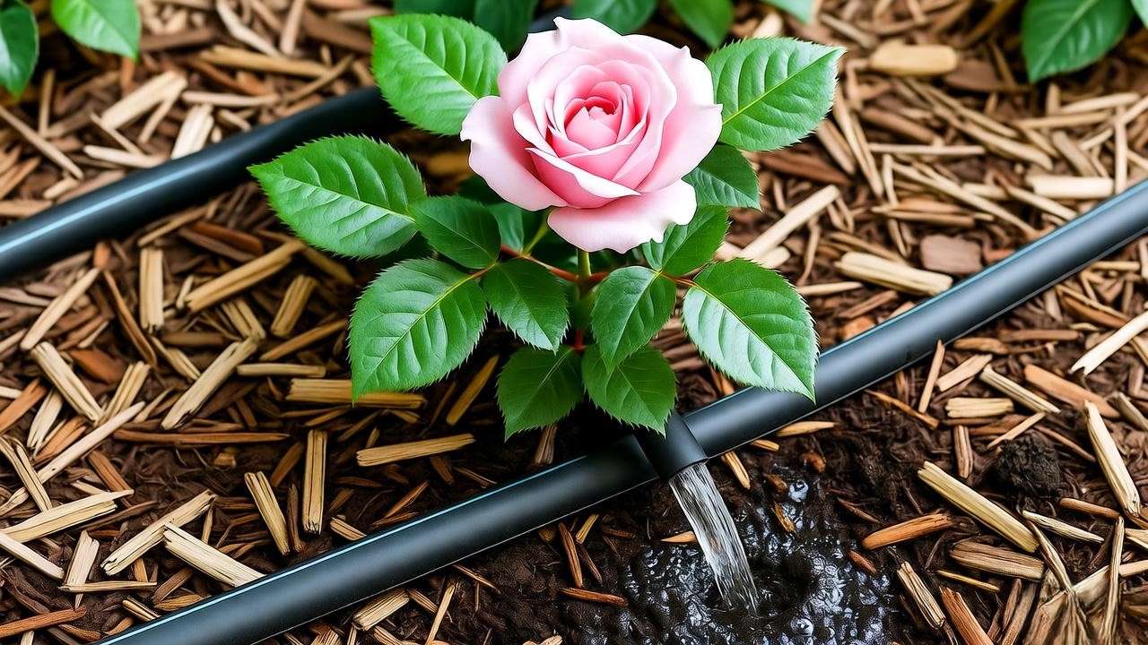 "Pink rose plant watered with a soaker hose, surrounded by green leaves and mulch in daylight."