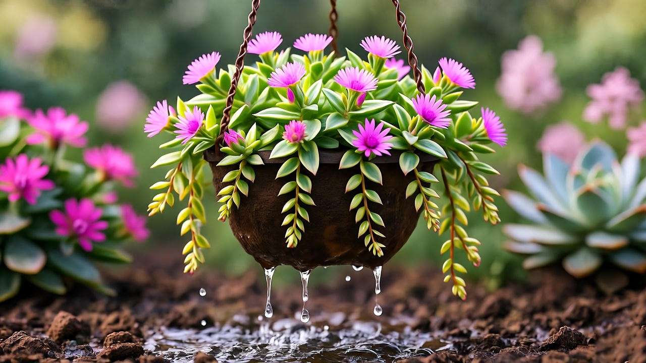 "Mezoo plant in a hanging basket being watered with droplets on vibrant leaves."