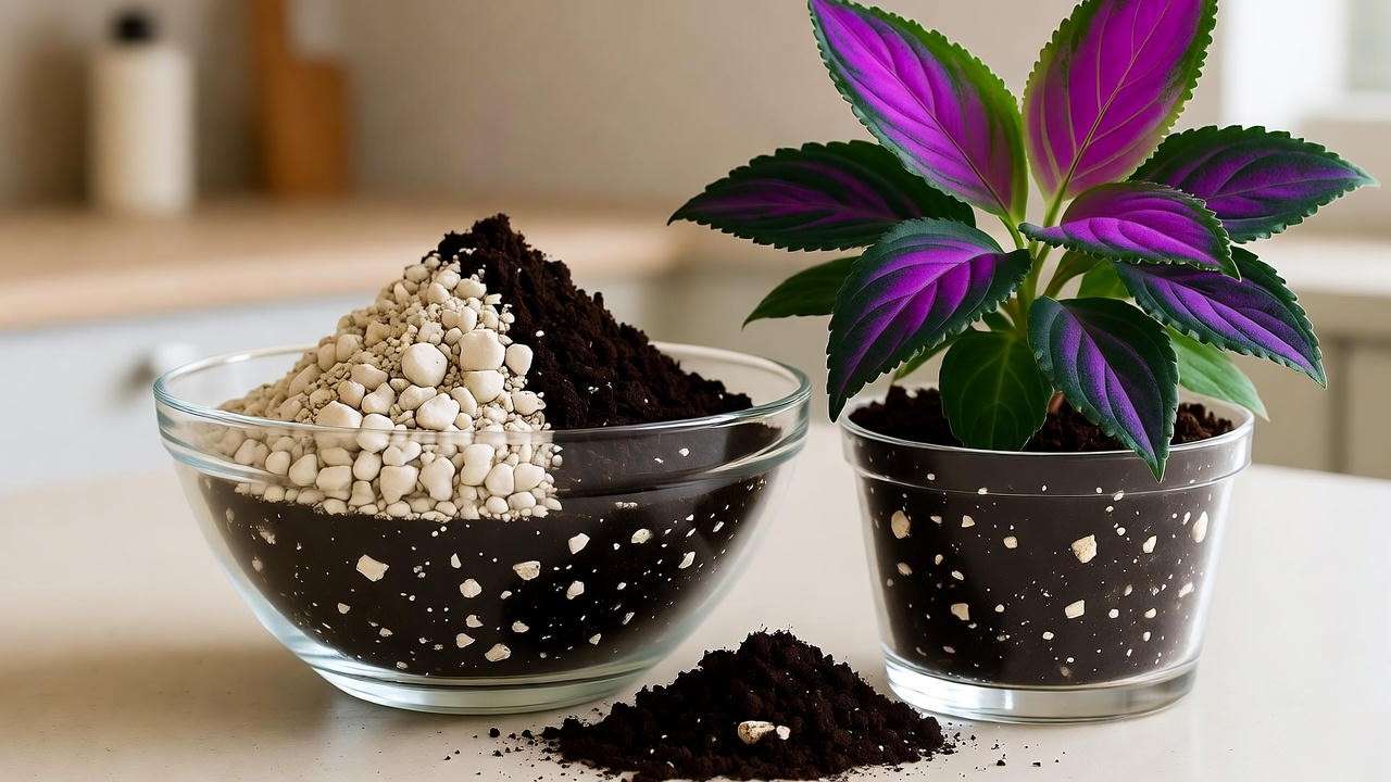 "DIY soil mix with peat moss and perlite next to Persian Shield plant" 