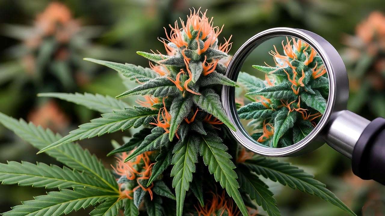  "Flowering Mango Kush plant with resinous buds and trichome inspection