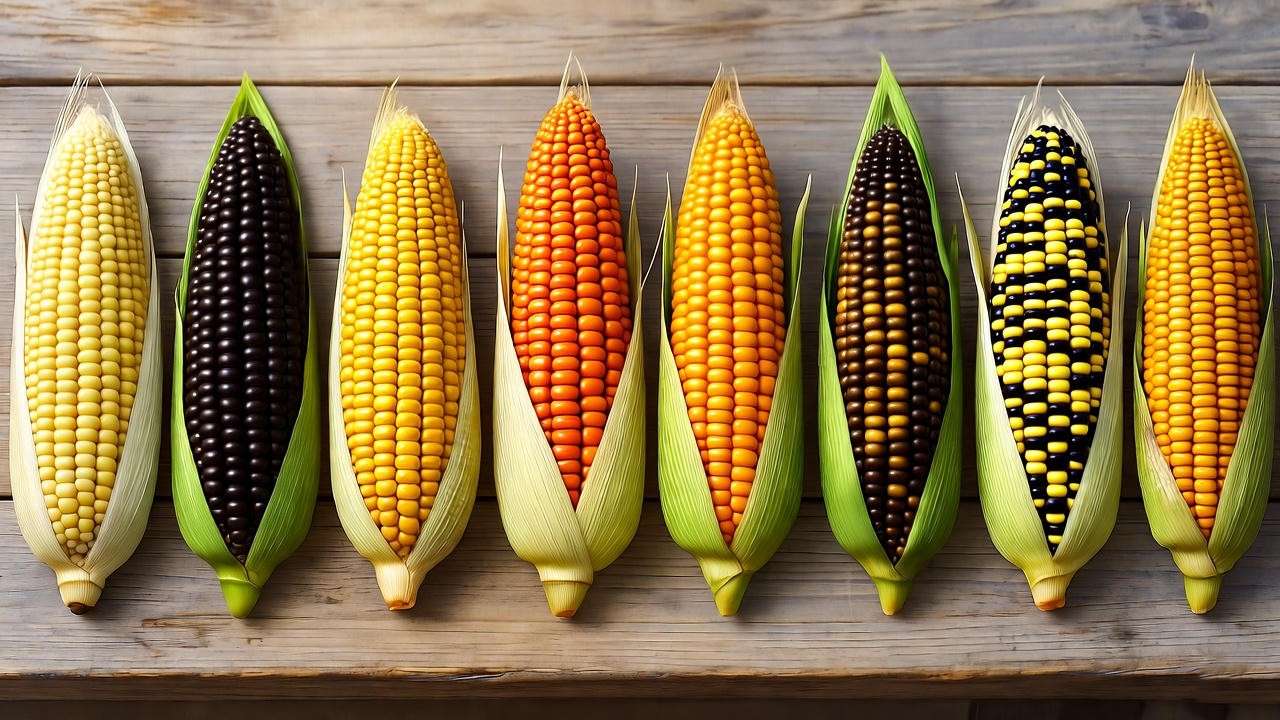 "Illustration of ten unique corn varieties with different colors and sizes on a rustic wooden table."