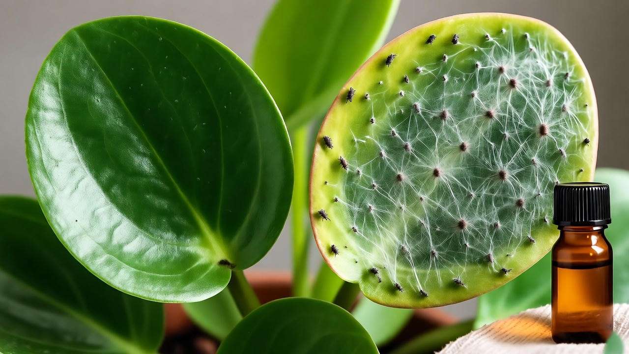"Turtle plant leaf with spider mite webbing next to a healthy leaf with neem oil bottle.