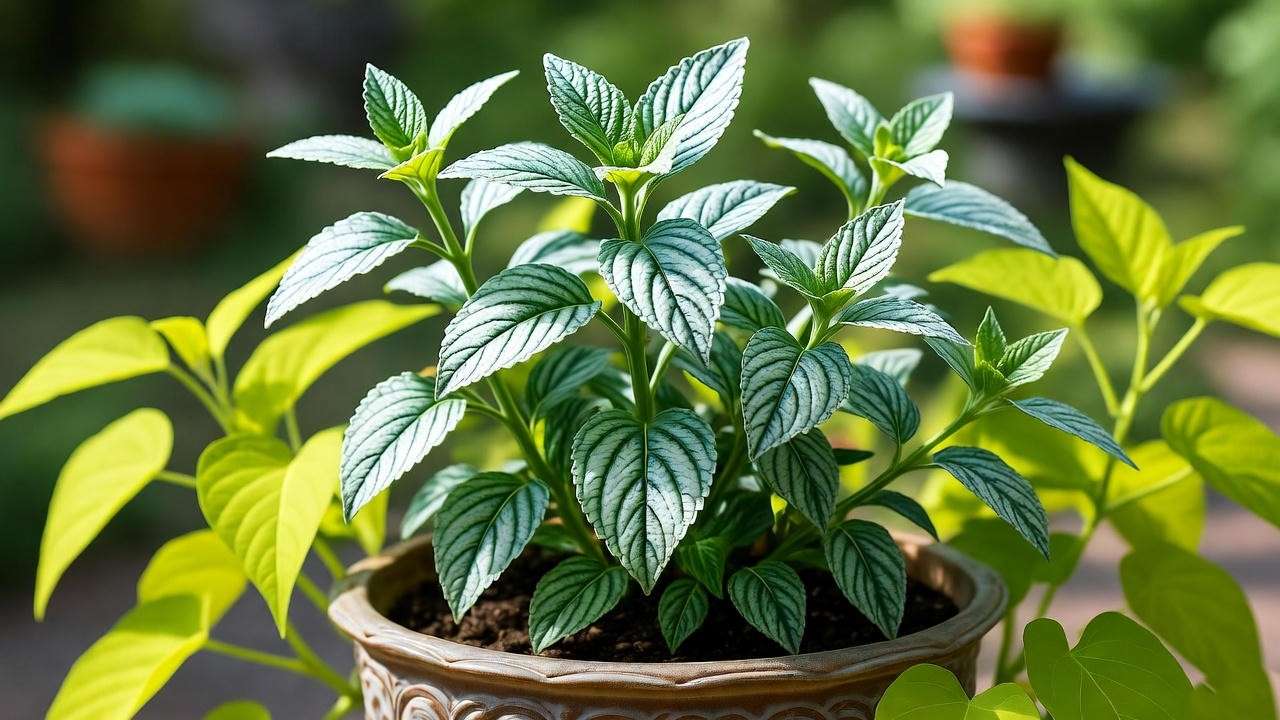 Potted sweet almond verbena with trailing plants on a sunny patio." 