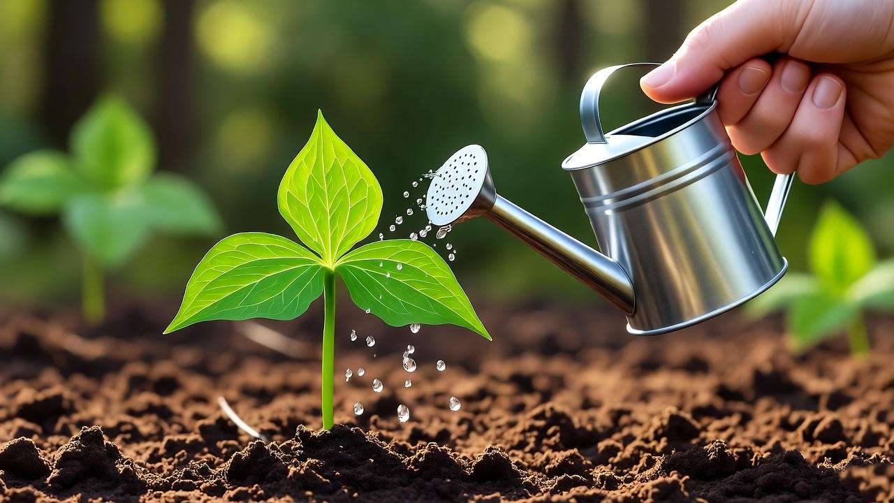 Young trillium seedling being watered with a small watering can in woodland soil. 