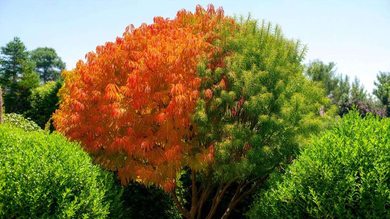 "Color tree with aphids on leaves contrasted with healthy foliage treated with neem oil." 