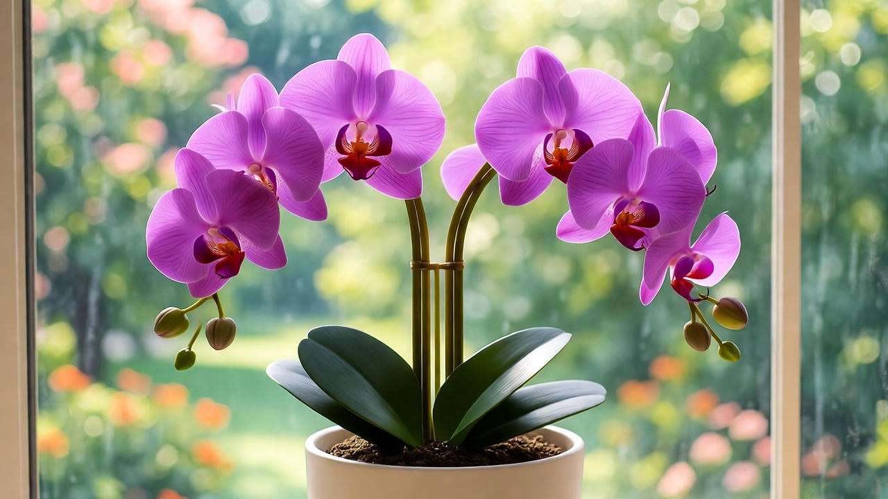 Text: Faux orchid planter near a sunny window with a blurred garden background. 