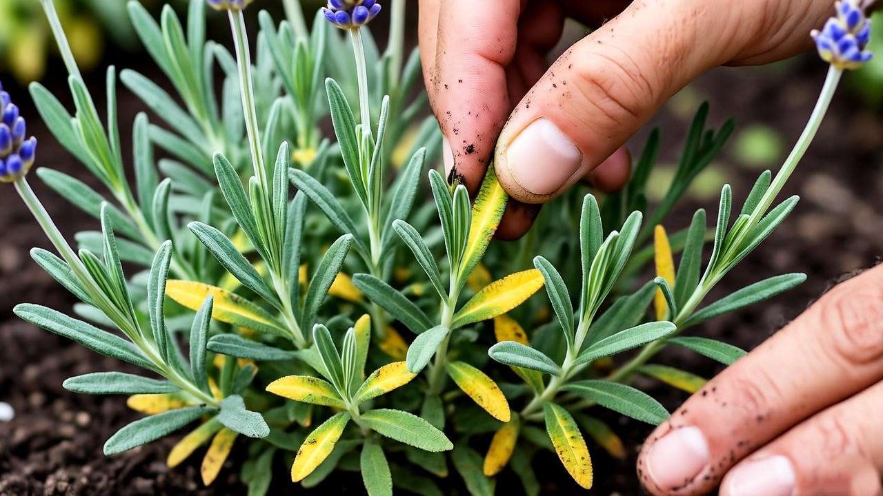  "Gardener inspecting yellowing blue lavender plant leaves and soil drainage issues in a garden." 