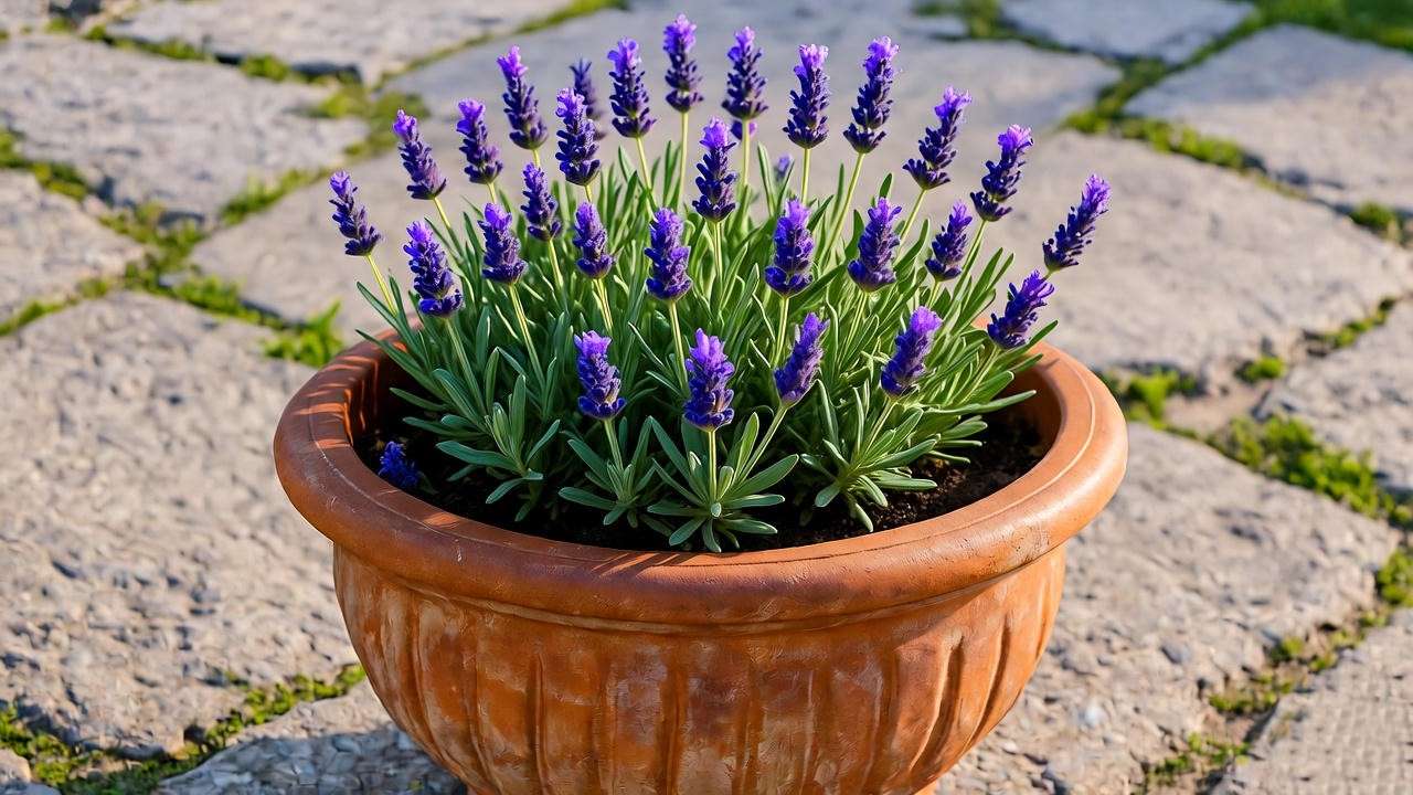 Rustic terracotta round planter with lavender on sunny garden patio" 
