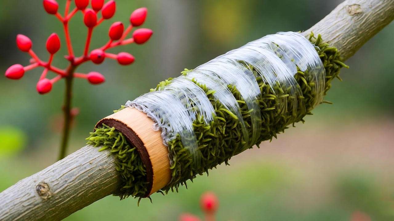  Wili wili tree branch with air layering technique and red blooms in background. 