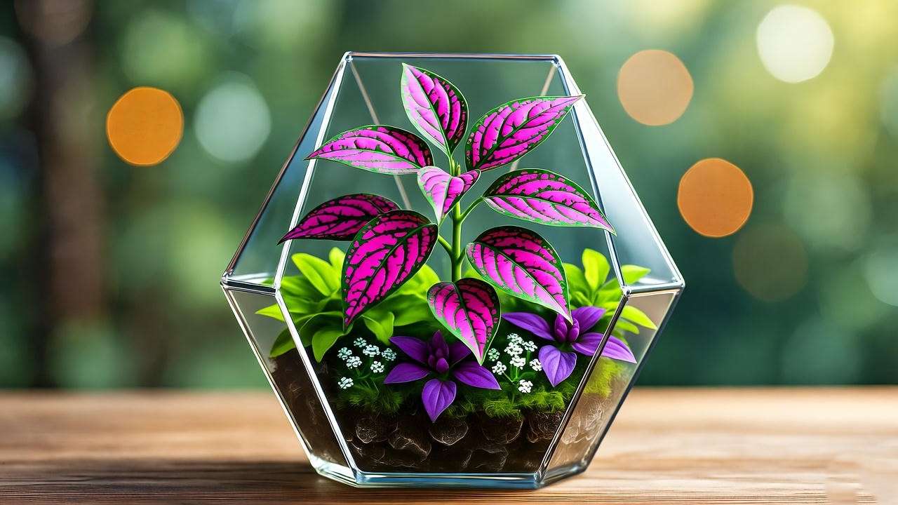 "Hypoestes phyllostachya with pink polka-dotted leaves in a colorful terrarium". 