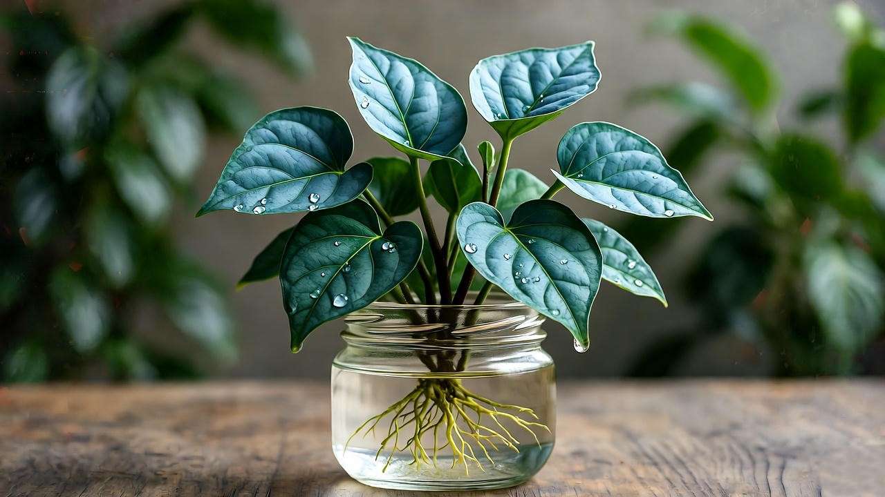 "Blue ivy plant cutting rooting in water for easy propagation."