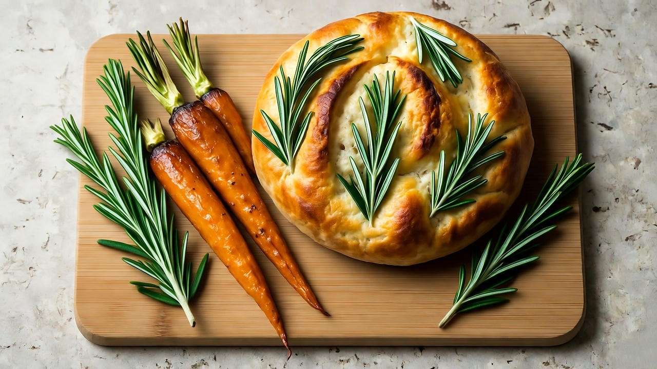 Wooden board with upright rosemary, roasted vegetables, and rosemary focaccia bread.