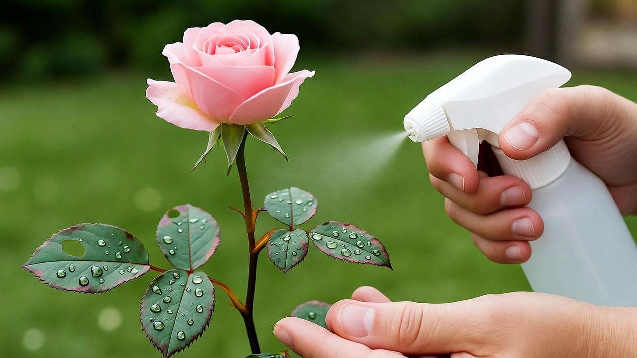 "Gardener applying neem oil to a pink rose plant with pest damage in a lush garden."