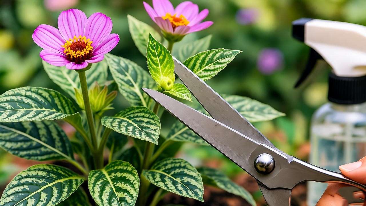 "Gardener pruning a Mezoo plant with scissors and organic pest spray nearby.