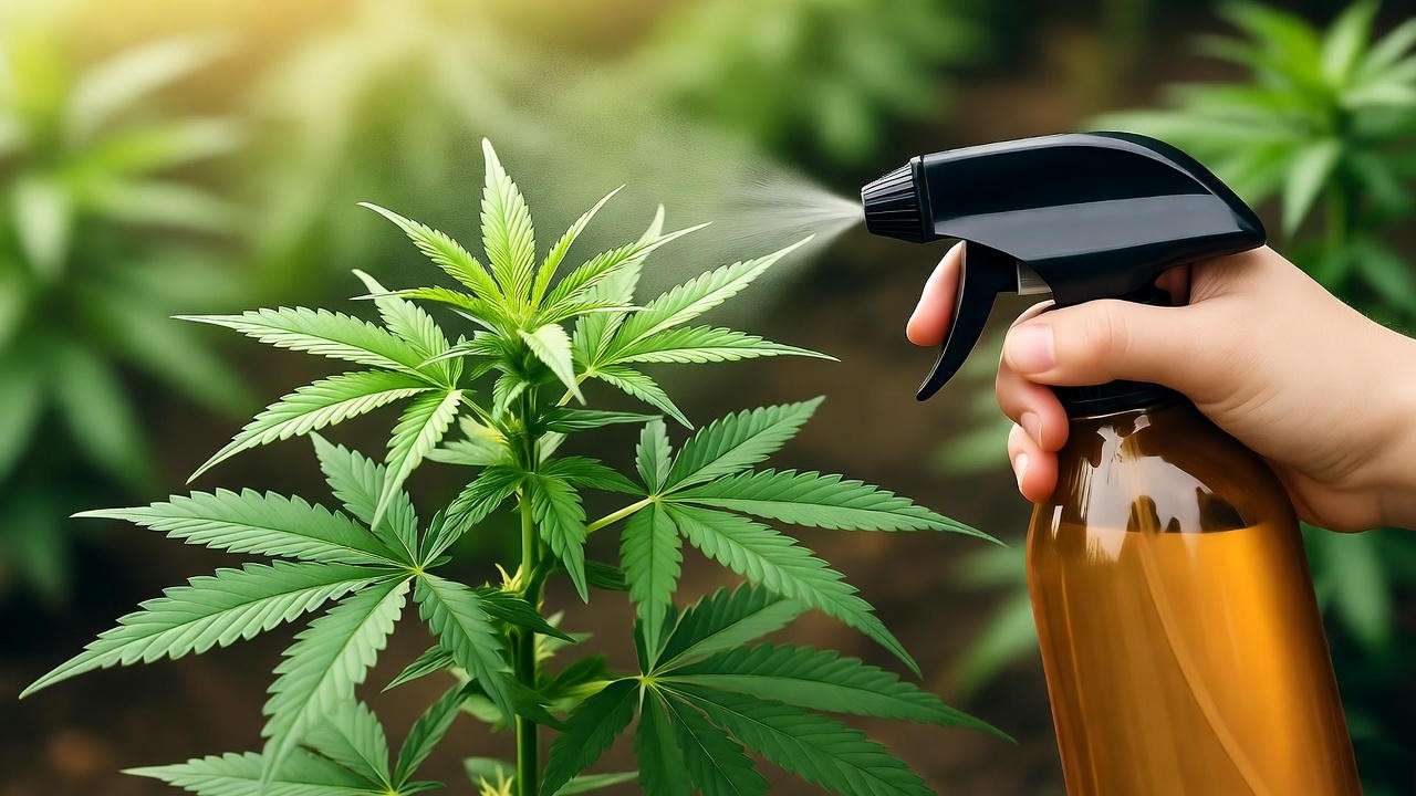 "Gardener applying neem oil to Mango Kush plant for pest control" 