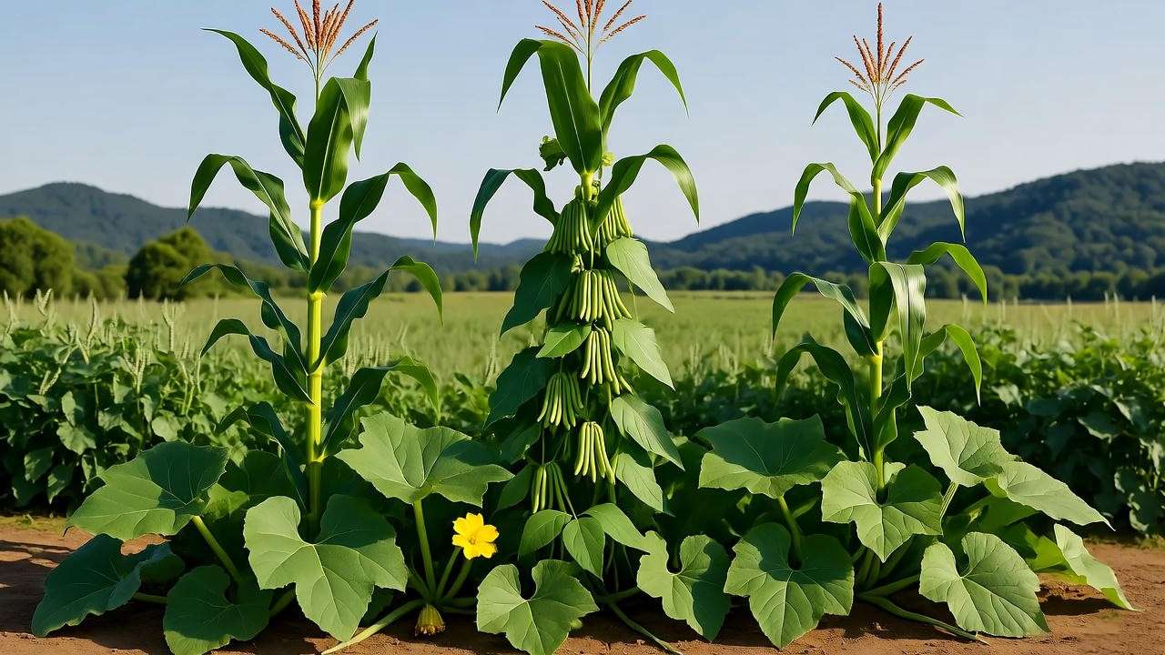 Garden scene of Three Sisters planting with corn, beans, and squash against rolling hills.