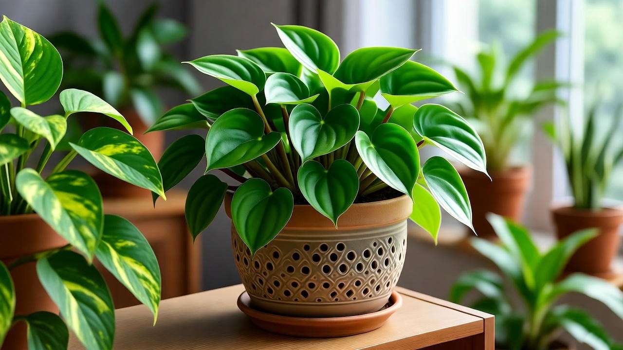 "Turtle plant in a decorative pot on a wooden shelf with other houseplants in a modern decor setting." 