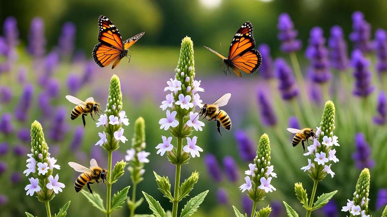  "Pollinator garden with sweet almond verbena and lavender, butterflies, and bees."