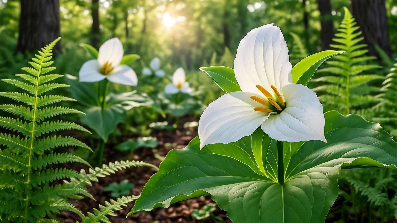  Mature trillium plant with white blooms in a shaded woodland garden with ferns. 