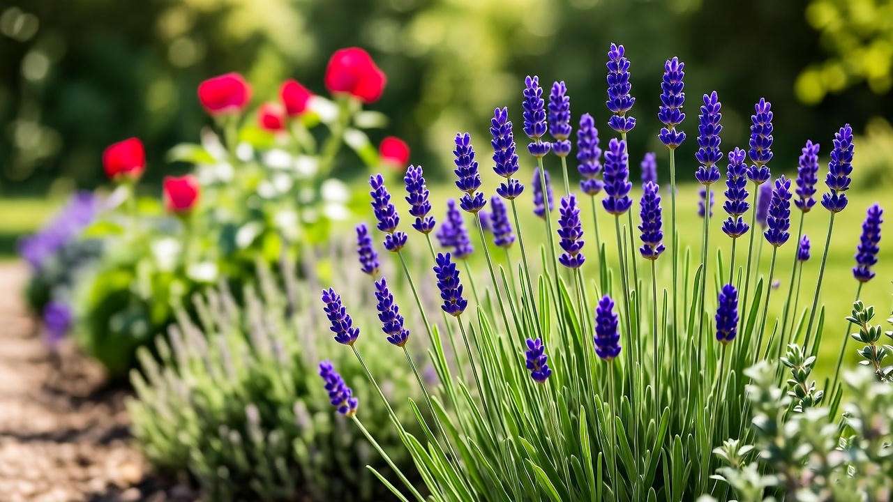"Sustainable garden with blue lavender plants and companion roses and thyme for eco-friendly growth." 