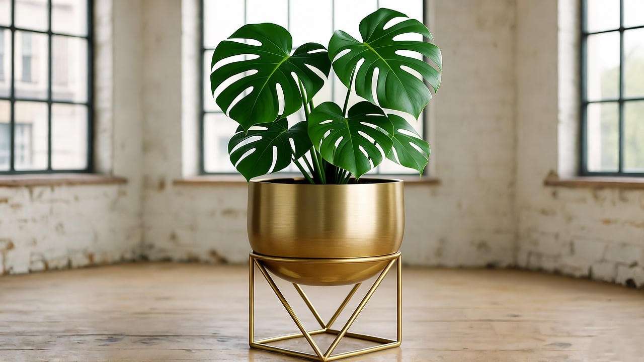 Brushed gold metallic round planter with monstera on geometric stand in loft"
