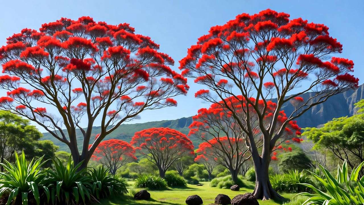  Mature wili wili tree grove with native Hawaiian plants and distant mountains. 