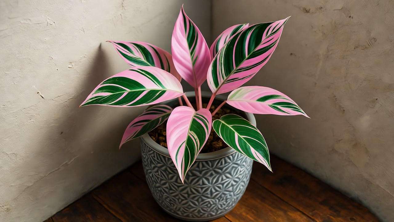 "Stromanthe triostar with tricolor pink leaves in a cozy bedroom corner". 