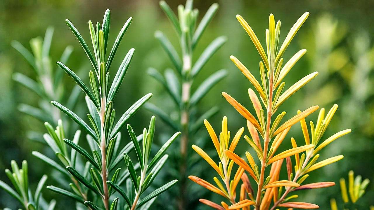 Healthy upright rosemary plant with vibrant foliage next to one with yellowing leaves.