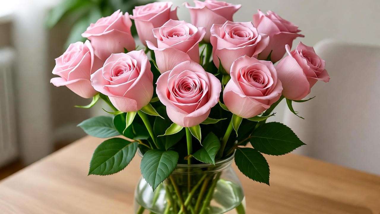 "Bouquet of freshly cut pink roses with greenery in a vase on a wooden table."