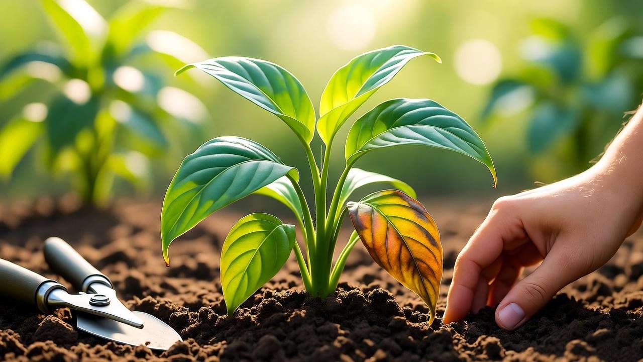 "Mezoo plant with wilting and healthy leaves being adjusted for better drainage." 
