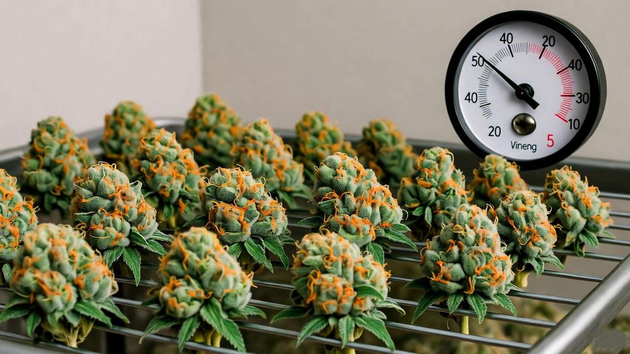 "Drying rack with Mango Kush buds in controlled humidity room" 