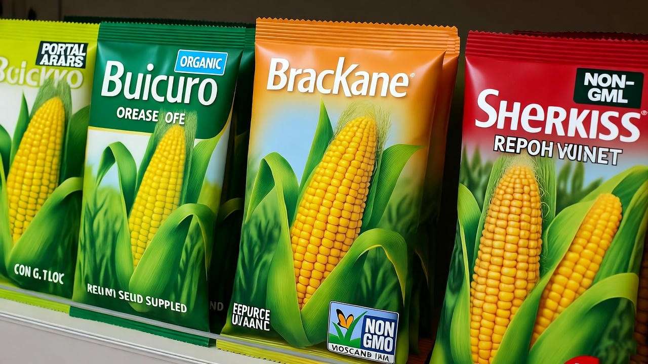 Display of colorful corn seed packets with organic and non-GMO labels on a shelf.