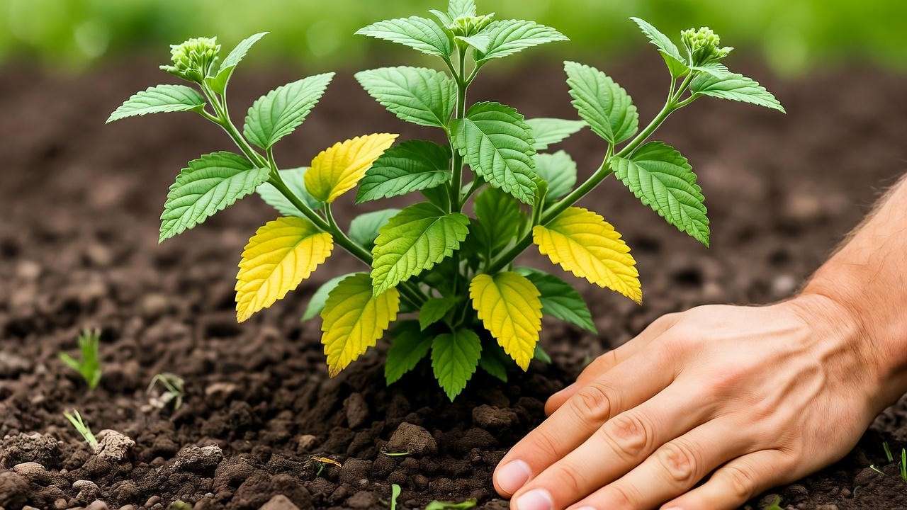 "Gardener inspecting yellowing sweet almond verbena leaves due to overwatering." 