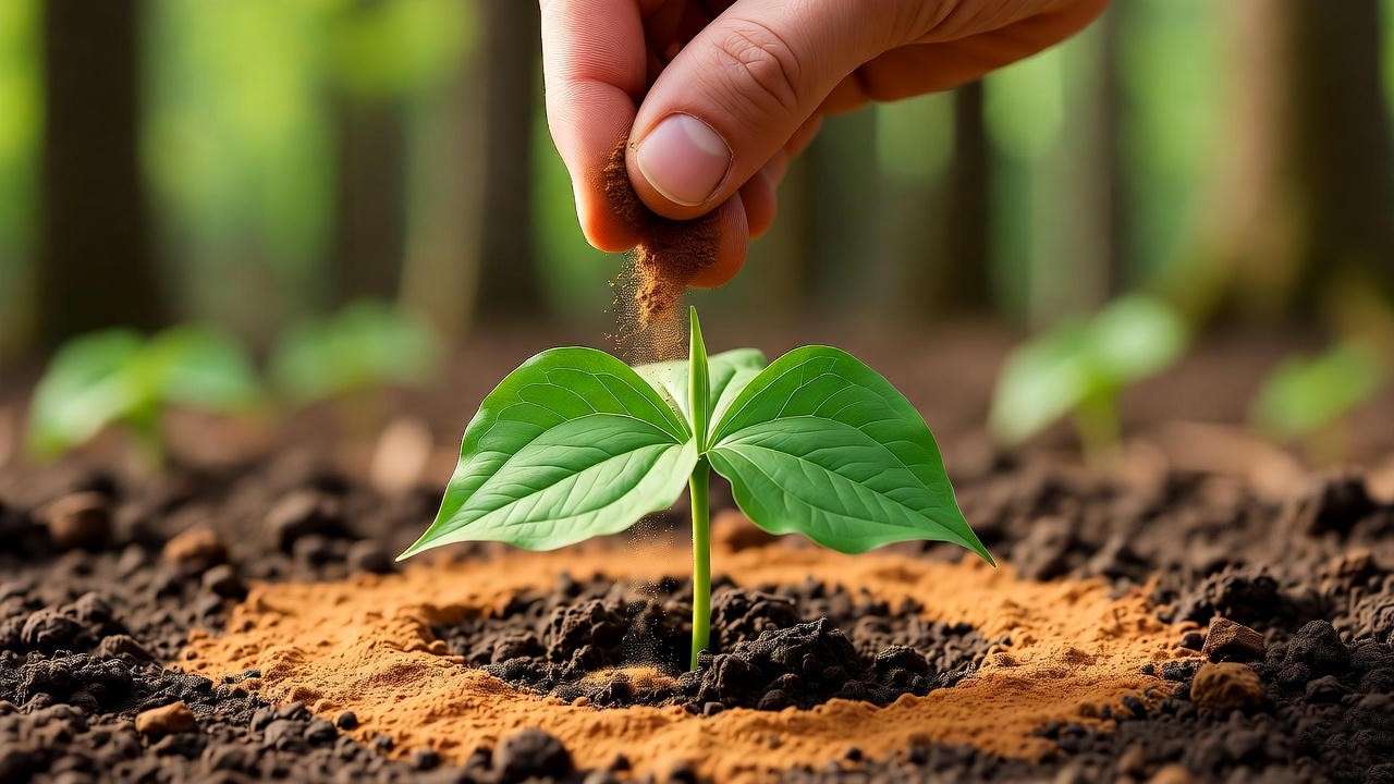  Hand sprinkling cinnamon around trillium seedling for organic pest control. 