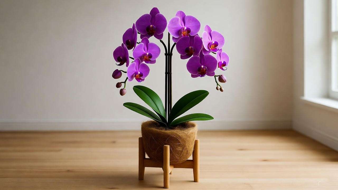  Eco-friendly faux orchid planter on a wooden stand in a minimalist room. 
