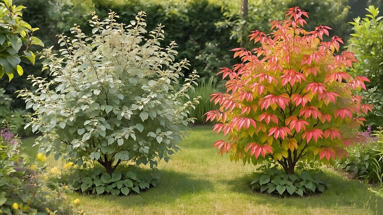  "Color tree with dull foliage contrasted with vibrant leaves after fertilization.