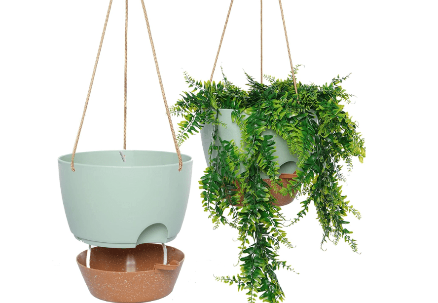 
10 Inch Self Watering Hanging Pots, 2 Pack Hanging Planters with 40oZ Deep Reservior for Indoor Outdoor Plants Flowers, Green with Brown
