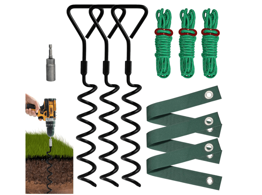 VASGOR Heavy Duty 16” Tree Stakes and Supports for Young Trees, Set of 3 Tree Stake Kit with 3 Straps for Staking and 39 Feet Rope, Can be Used with Drill.