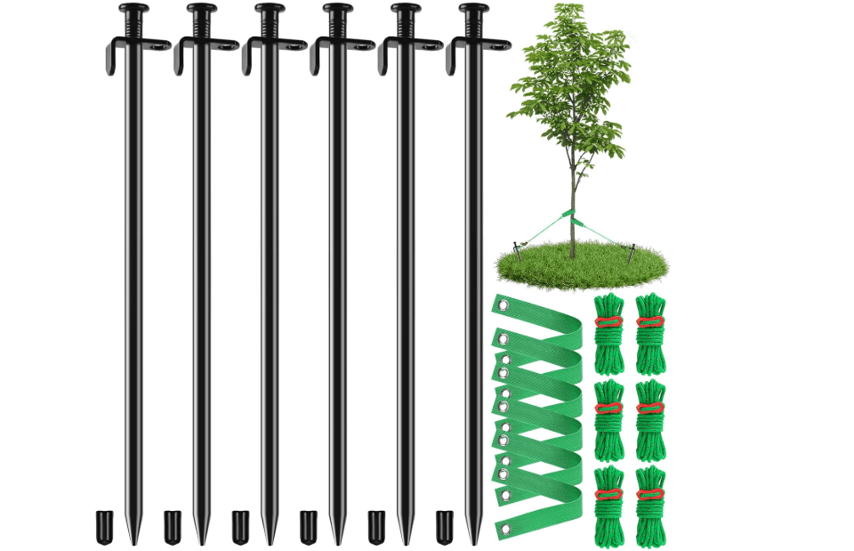 Fabulas Tree Stakes Kits, 6 Pcs 11.8 Inch Heavy Duty Steel Stakes and Supports for Leaning Young Trees Straightening with 6 Pcs Support Straps and