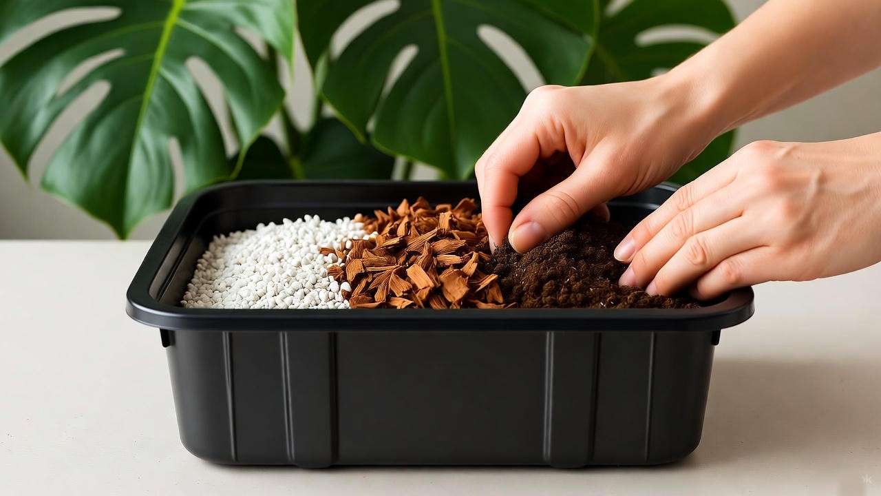 "DIY soil mix for large green leafed plant, tropical houseplant care tips"