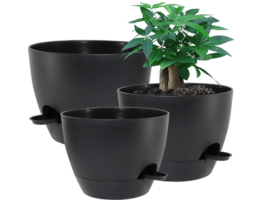 
UOUZ Large Self Watering Pots, 12/10/9 Plastic Planters with High Drainage Holes and Deep Reservoir for Indoor Outdoor Garden Plants and Flowers, Black