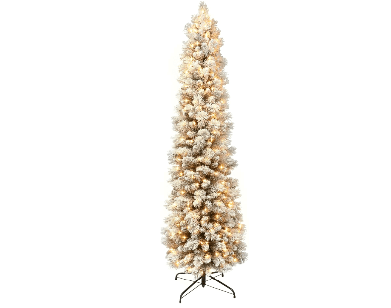 
Puleo International 6.5 Foot Pre-Lit Flocked Portland Pine Pencil Artificial Christmas Tree with 300 UL-Listed Clear Lights