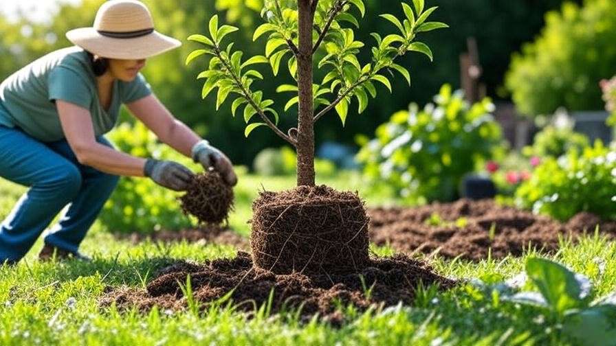 "Gardener planting a Bonanza Peach Tree with compost in well-draining soil under sunlight." 