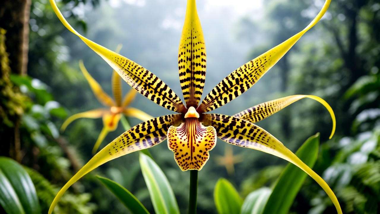  Close-up of a Brassia spider orchid with yellow-brown petals in a tropical rainforest setting