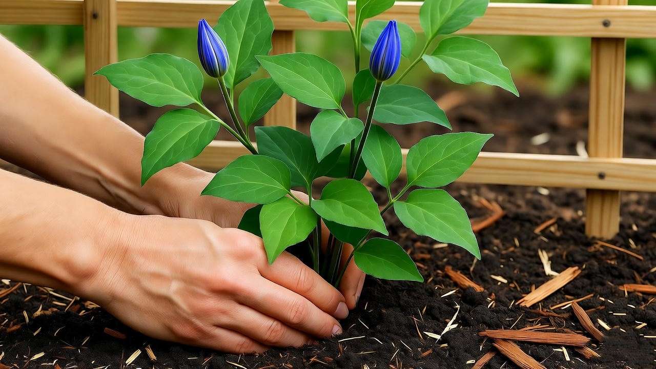 "Gardener planting blue clematis vine with trellis and compost in a garden". 