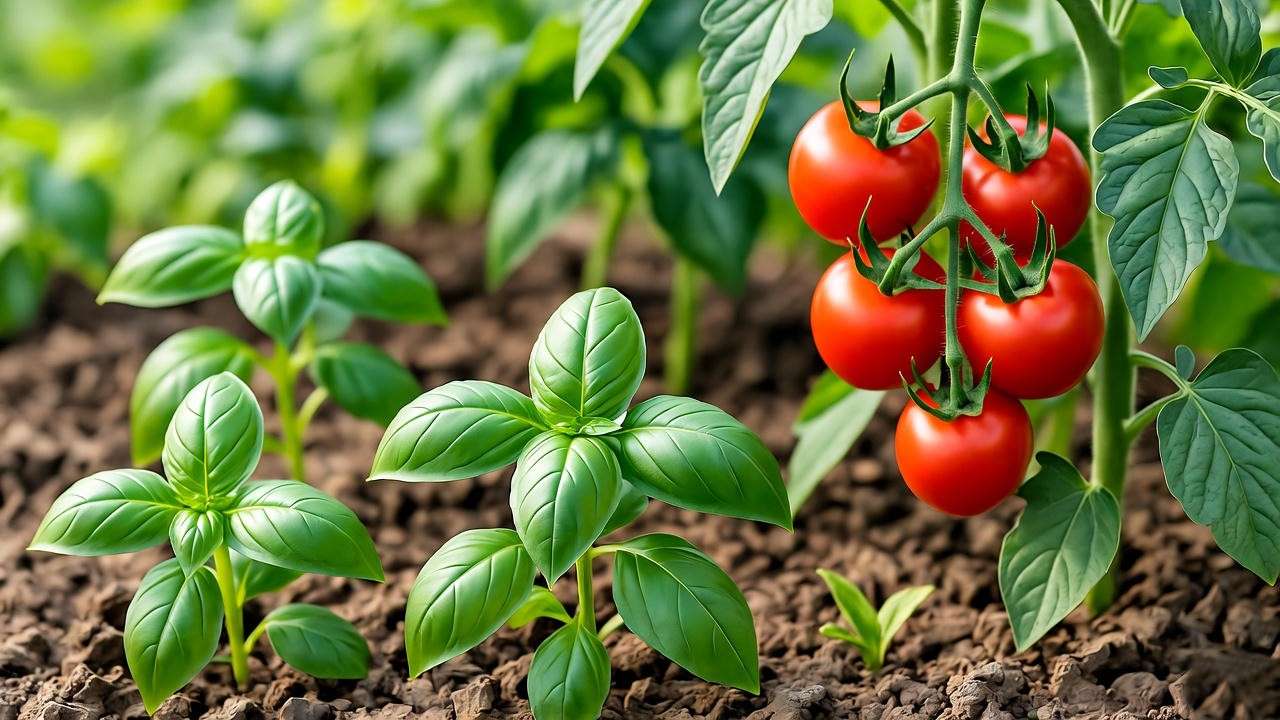 "Basil and tomatoes growing with oregano companion plants in a sunny garden bed."
