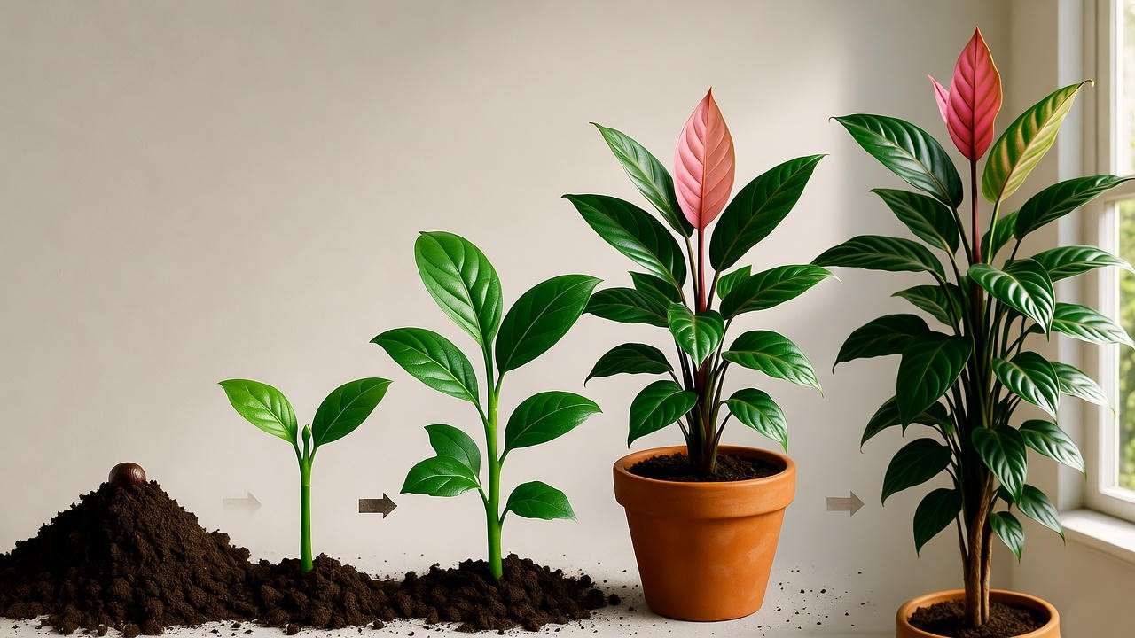 Illustrated lifecycle stages of Marjan plant from seed to mature indoor rubber tree for easy growth understanding. 