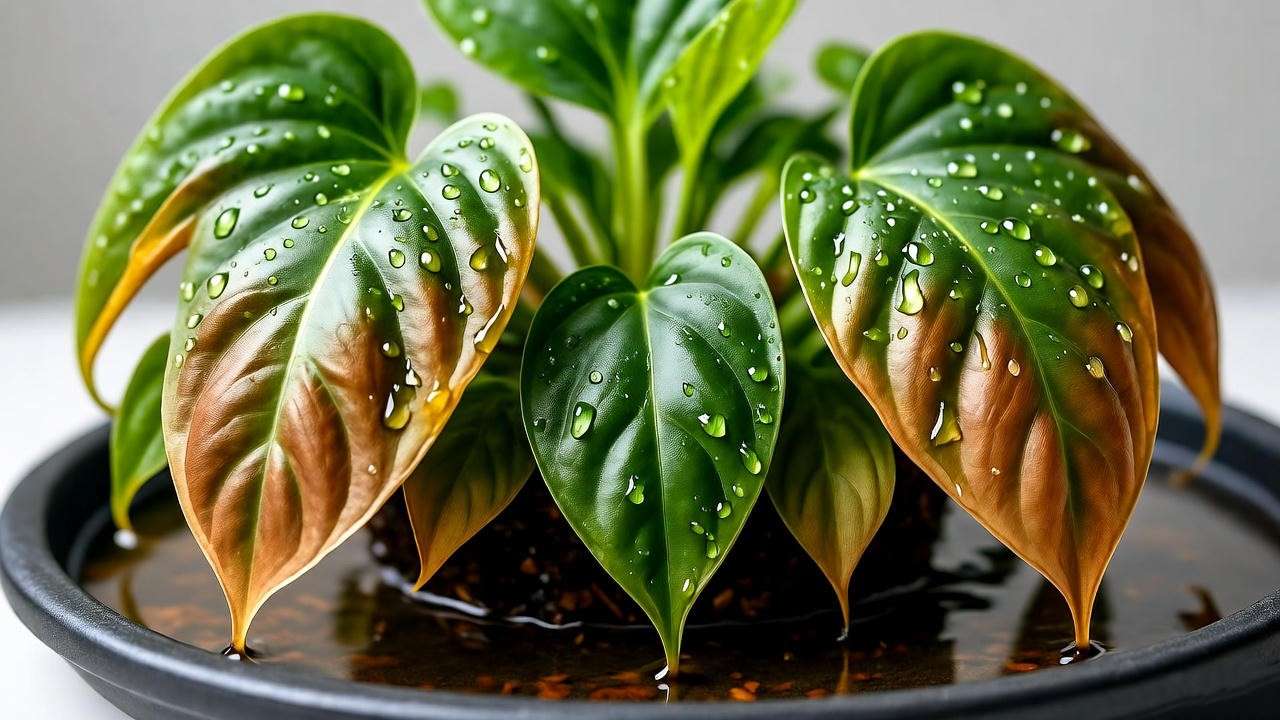 "Close-up of an overwatered plant with brown mushy leaves and drainage tray." 