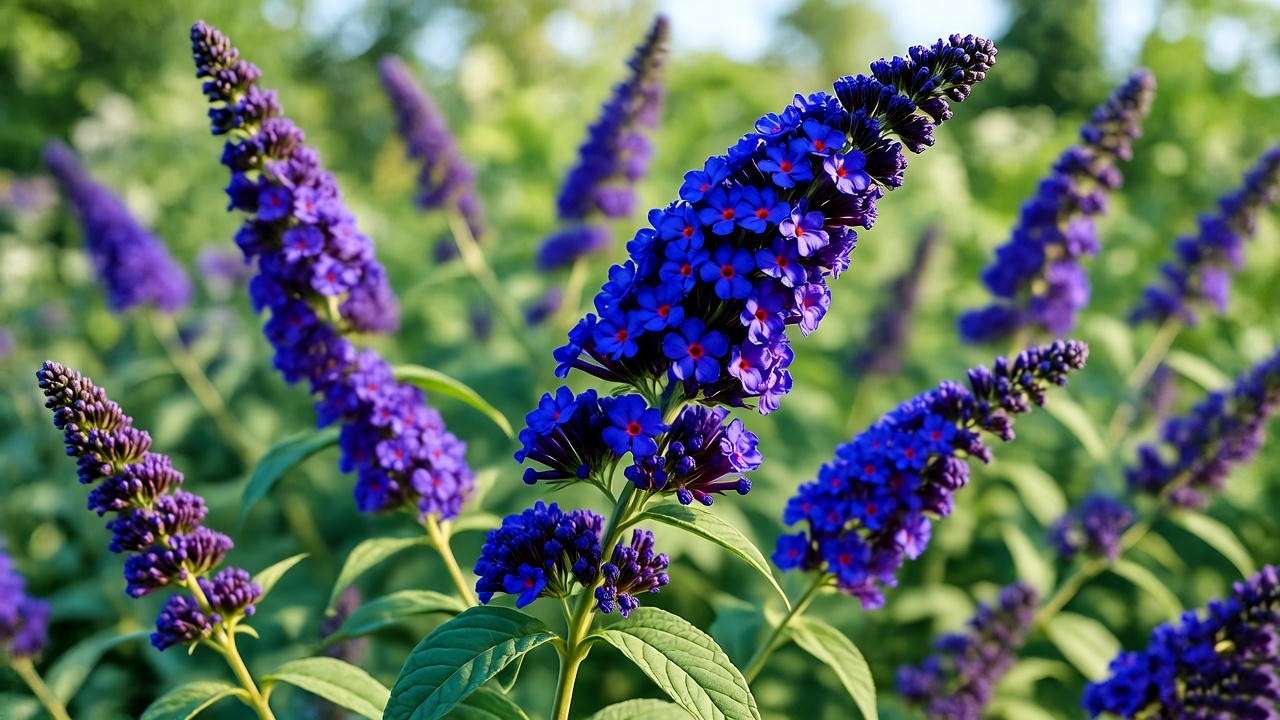 Close-up of a blue butterfly bush plant with vibrant indigo blooms and green leaves in a natural garden setting.