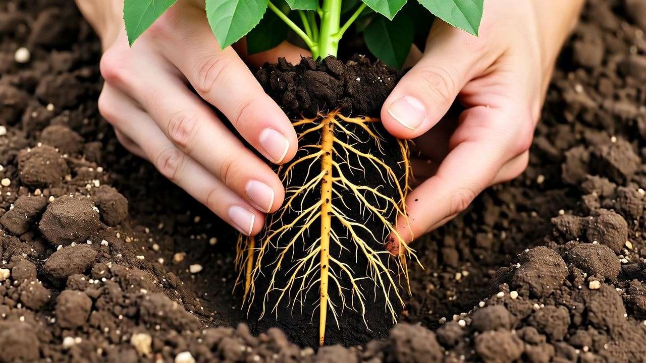 "Close-up of spray rose plant roots being planted in compost-rich soil by gardener hands."